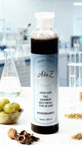 Bottle of Atoz Organic Hair Shampoo on a reflective water surface with a blurred background
